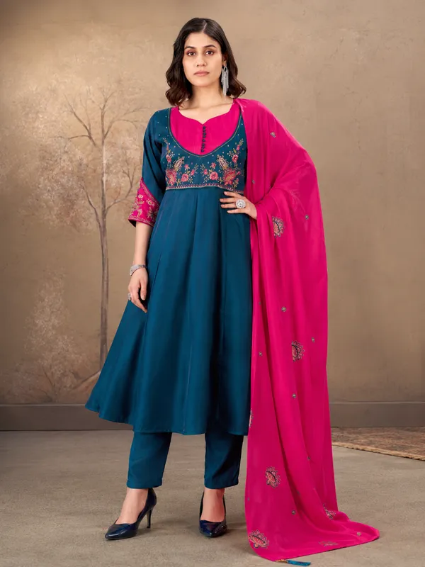Teal_Blue_And_Rani_Pink_Roman_Glass_Silk_Embroidered_Anarkali_Set_With_Dupatta