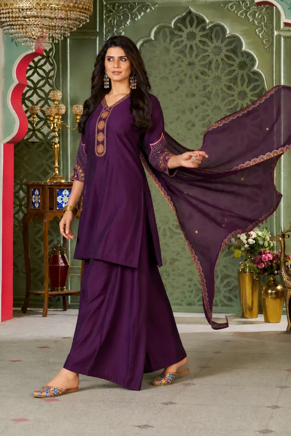 Plum_Purple_Heavy_Roman_Silk_Straight_Kurta_Palazzo_Set