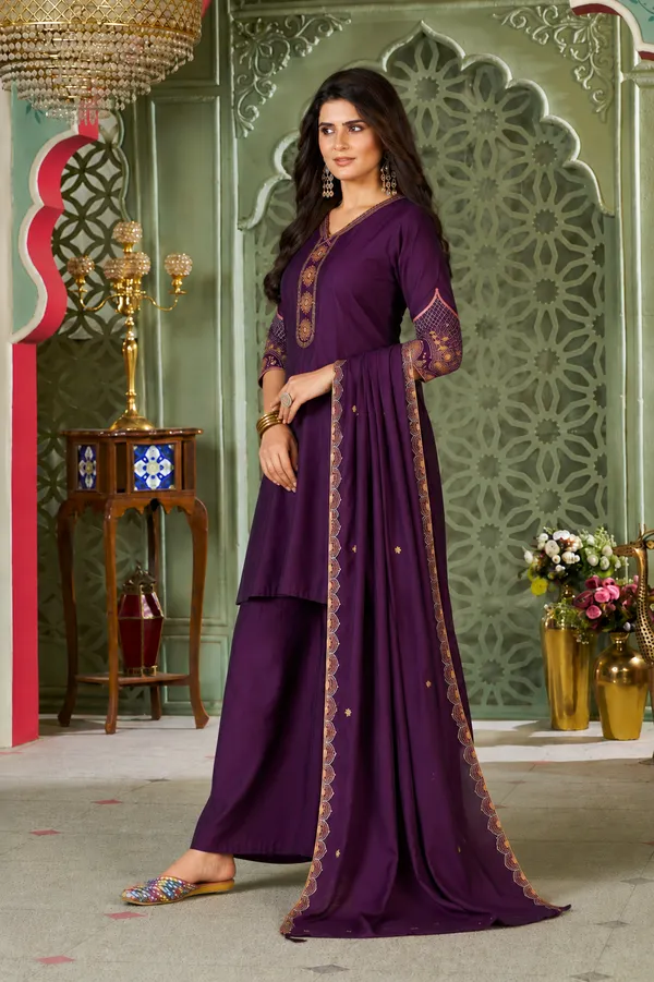 Plum_Purple_Heavy_Roman_Silk_Straight_Kurta_Palazzo_Set