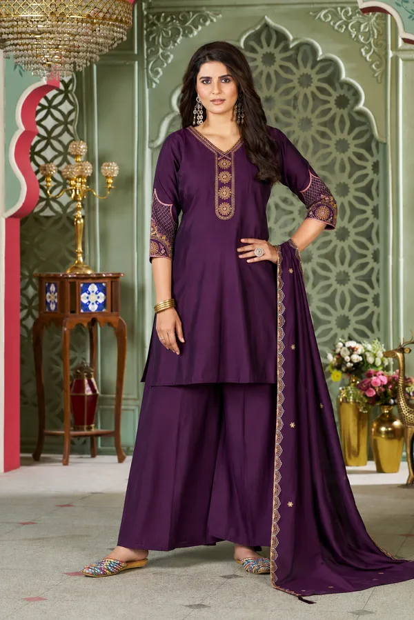 Plum_Purple_Heavy_Roman_Silk_Straight_Kurta_Palazzo_Set