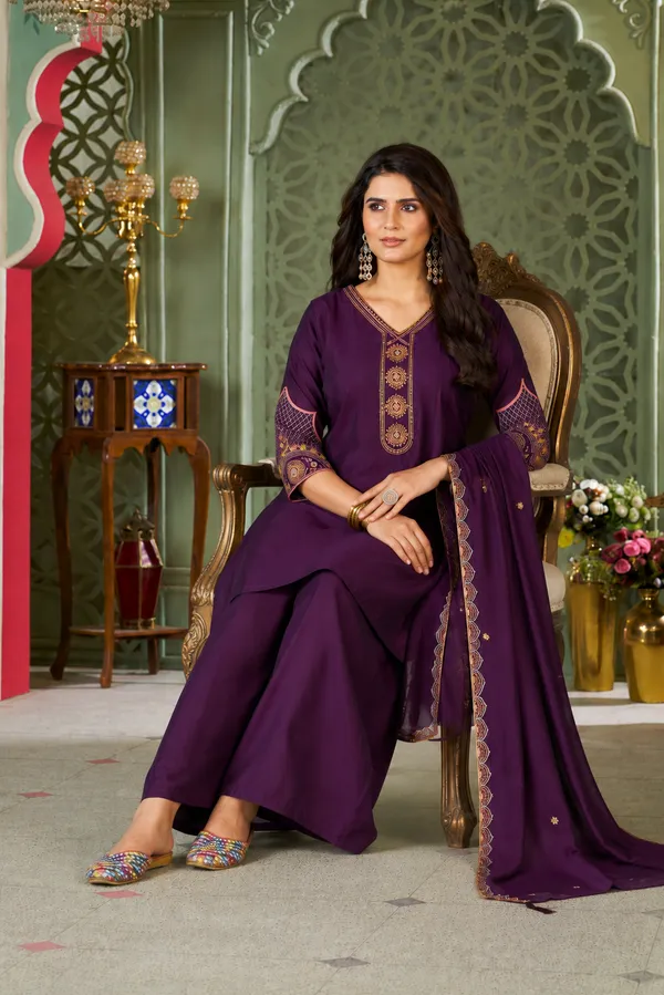 Plum_Purple_Heavy_Roman_Silk_Straight_Kurta_Palazzo_Set