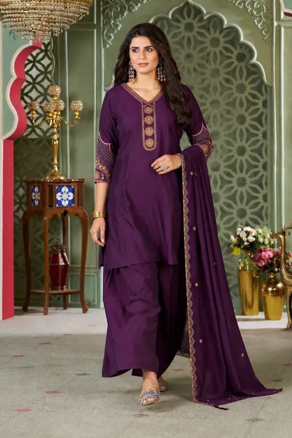 Plum_Purple_Heavy_Roman_Silk_Straight_Kurta_Palazzo_Set