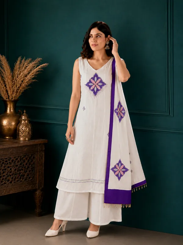 Off_White_Mal_Chanderi_Straight_Kurta_Set_With_Royal_Purple_Applique_Dupatta