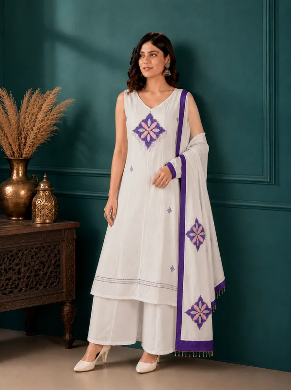 Off_White_Mal_Chanderi_Straight_Kurta_Set_With_Royal_Purple_Applique_Dupatta