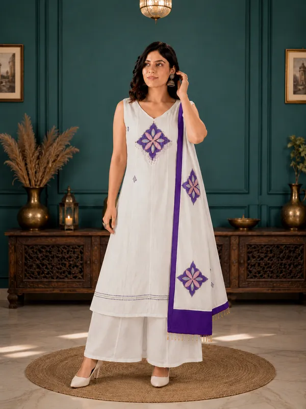 Off_White_Mal_Chanderi_Straight_Kurta_Set_With_Royal_Purple_Applique_Dupatta