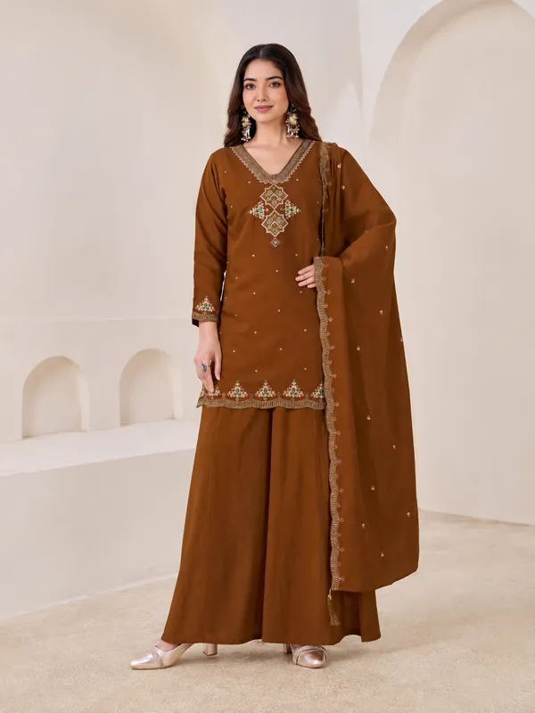 Chocolate_Brown_Pali_Silk_Sharara_Suit_Set