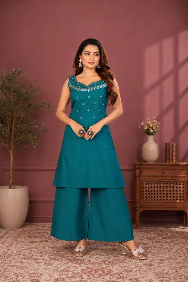 Teal_Blue_Vetican_Silk_Palazzo_Suit