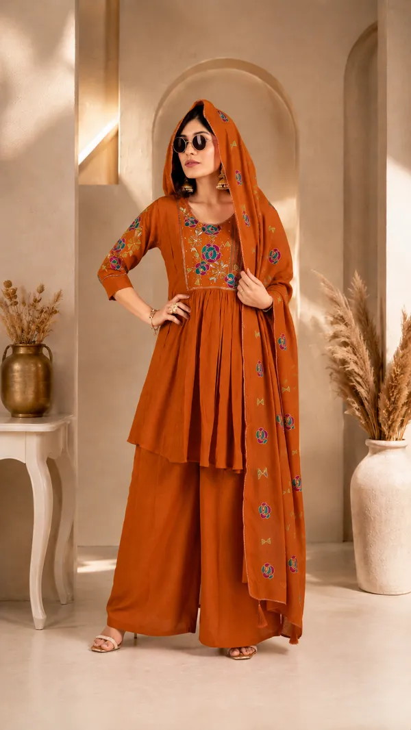 Rust_Orange_Milano_Silk_Embroidered_Kurta_With_Palazzo_And_Dupatta