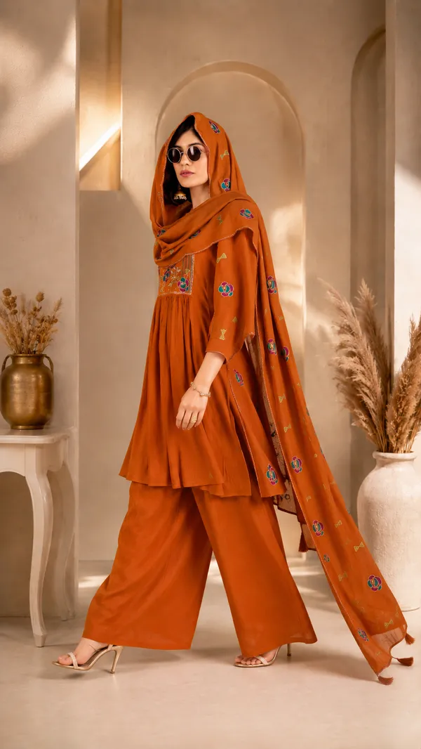 Rust_Orange_Milano_Silk_Embroidered_Kurta_With_Palazzo_And_Dupatta