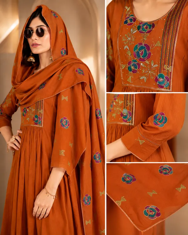 Rust_Orange_Milano_Silk_Embroidered_Kurta_With_Palazzo_And_Dupatta