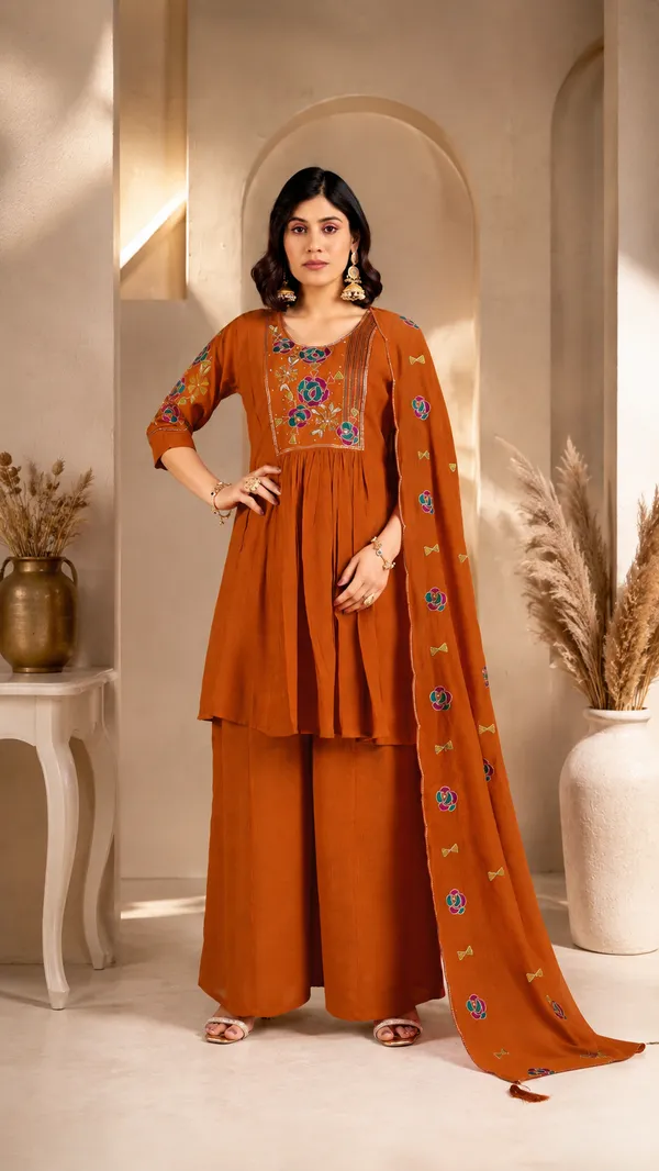 Rust_Orange_Milano_Silk_Embroidered_Kurta_With_Palazzo_And_Dupatta