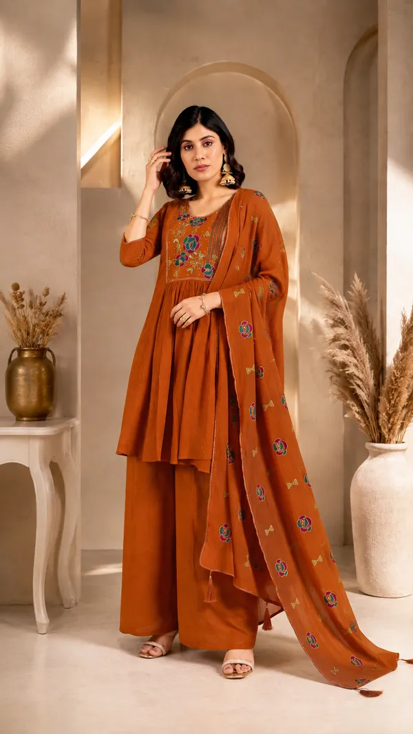 Rust_Orange_Milano_Silk_Embroidered_Kurta_With_Palazzo_And_Dupatta
