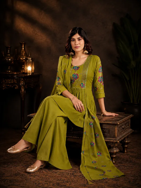 Olive_Green_Milano_Silk_Embroidered_Kurta_With_Palazzo_And_Dupatta