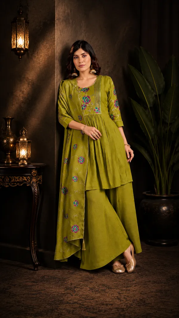 Olive_Green_Milano_Silk_Embroidered_Kurta_With_Palazzo_And_Dupatta