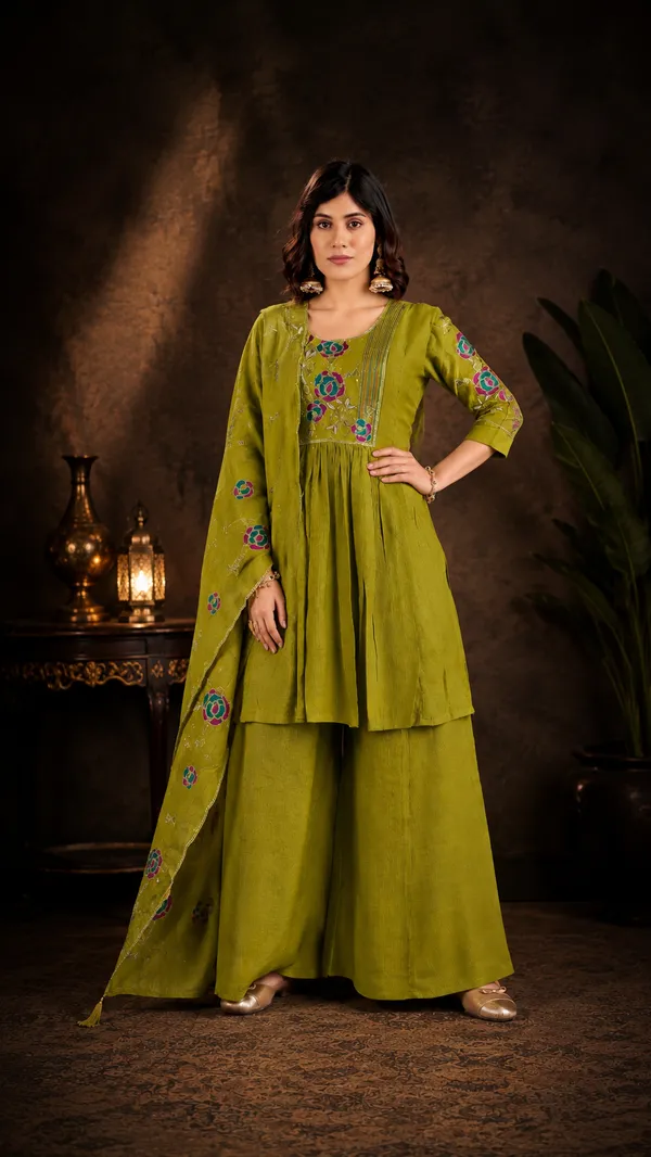 Olive_Green_Milano_Silk_Embroidered_Kurta_With_Palazzo_And_Dupatta