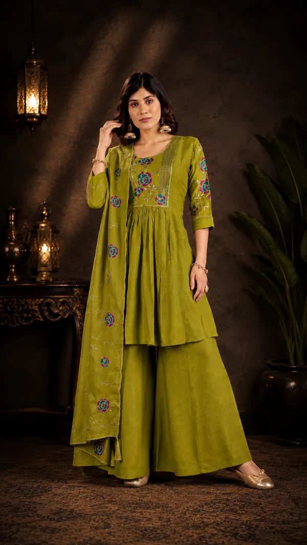 Olive_Green_Milano_Silk_Embroidered_Kurta_With_Palazzo_And_Dupatta