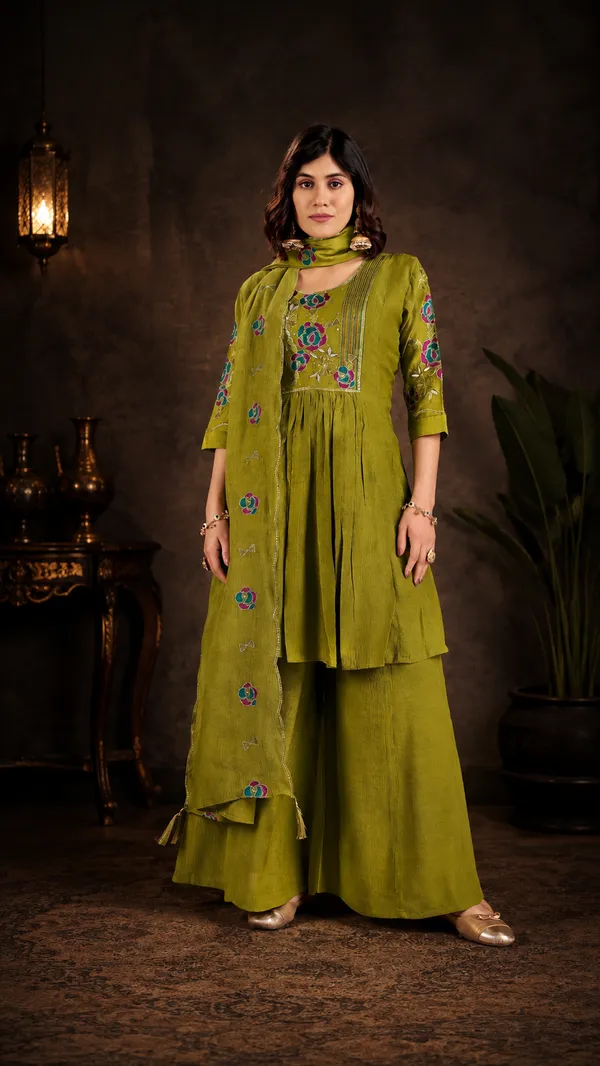 Olive_Green_Milano_Silk_Embroidered_Kurta_With_Palazzo_And_Dupatta