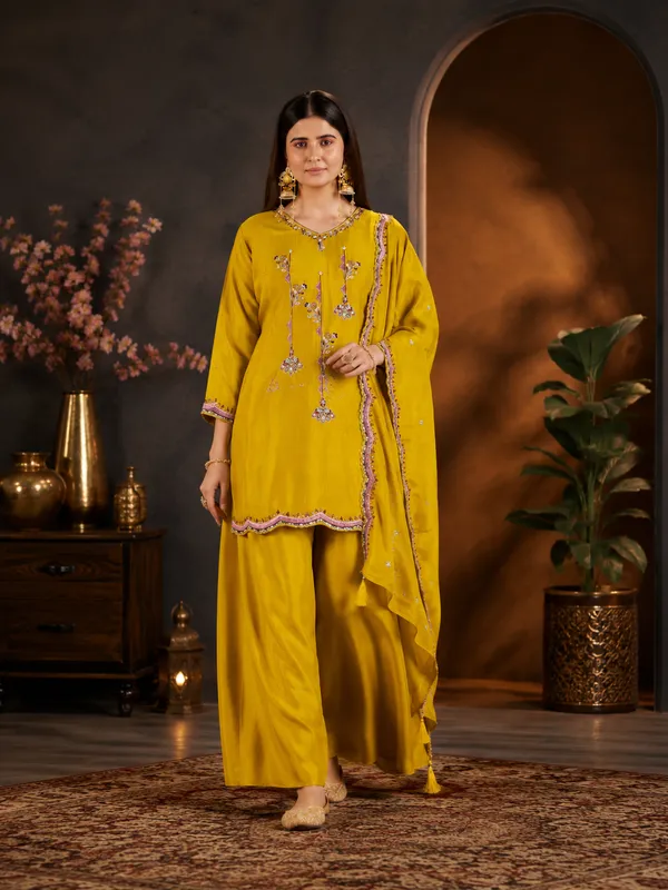Mustard_Yellow_Lenzing_Silk_Scalloped_Kurta_Set_With_Palazzo_And_Dupatta