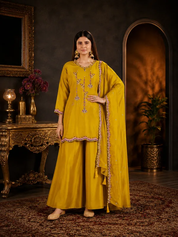 Mustard_Yellow_Lenzing_Silk_Scalloped_Kurta_Set_With_Palazzo_And_Dupatta