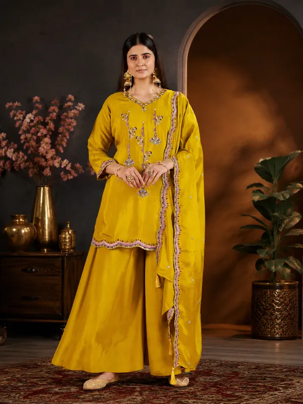Mustard_Yellow_Lenzing_Silk_Scalloped_Kurta_Set_With_Palazzo_And_Dupatta