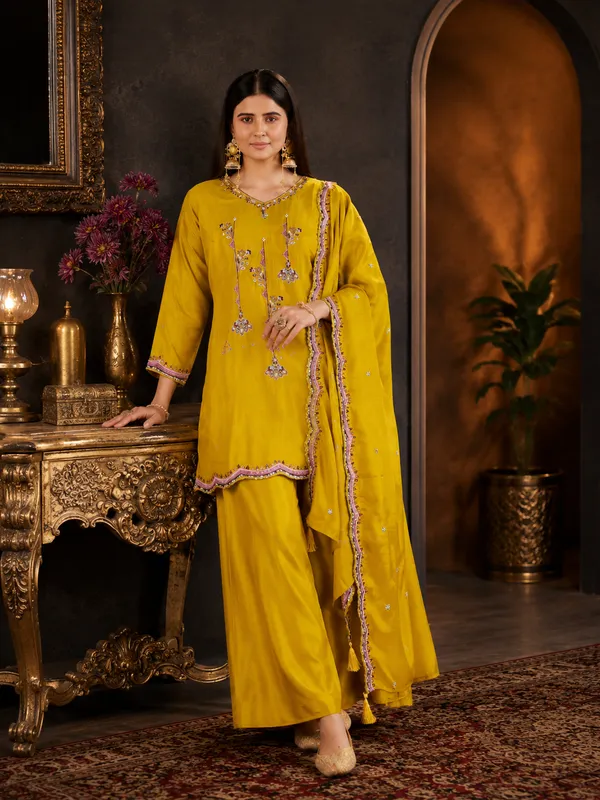 Mustard_Yellow_Lenzing_Silk_Scalloped_Kurta_Set_With_Palazzo_And_Dupatta