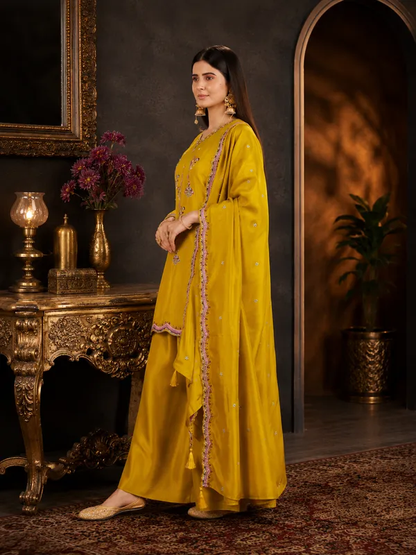 Mustard_Yellow_Lenzing_Silk_Scalloped_Kurta_Set_With_Palazzo_And_Dupatta