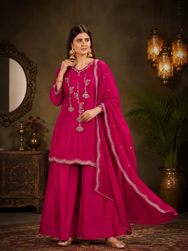 Magenta_Pink_Lenzing_Silk_Scalloped_Kurta_Set_With_Palazzo_And_Dupatta