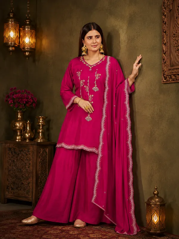 Magenta_Pink_Lenzing_Silk_Scalloped_Kurta_Set_With_Palazzo_And_Dupatta