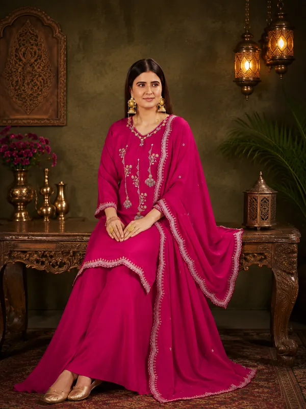 Magenta_Pink_Lenzing_Silk_Scalloped_Kurta_Set_With_Palazzo_And_Dupatta