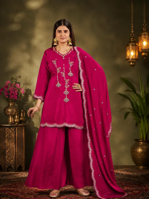 Magenta_Pink_Lenzing_Silk_Scalloped_Kurta_Set_With_Palazzo_And_Dupatta
