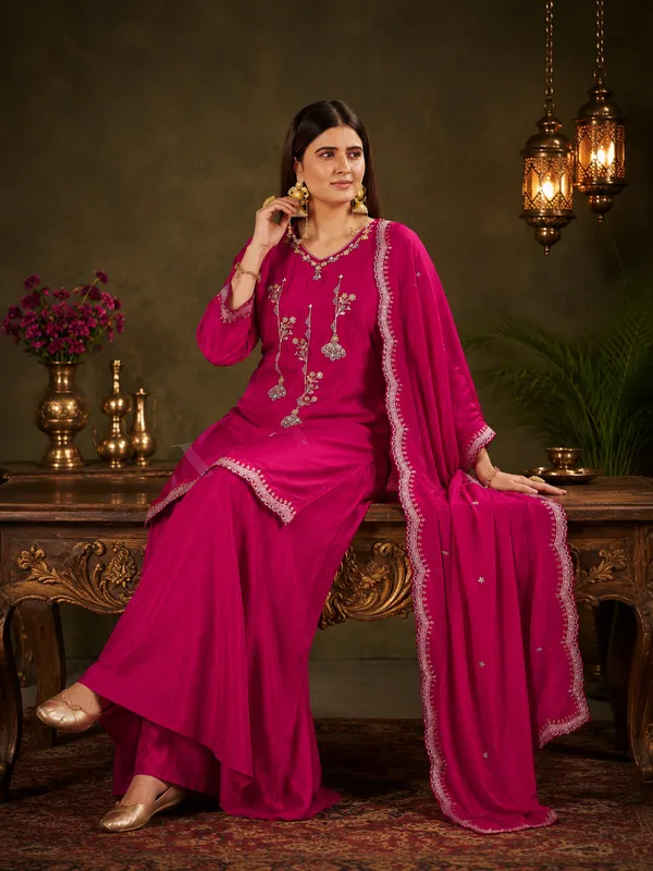 Magenta_Pink_Lenzing_Silk_Scalloped_Kurta_Set_With_Palazzo_And_Dupatta