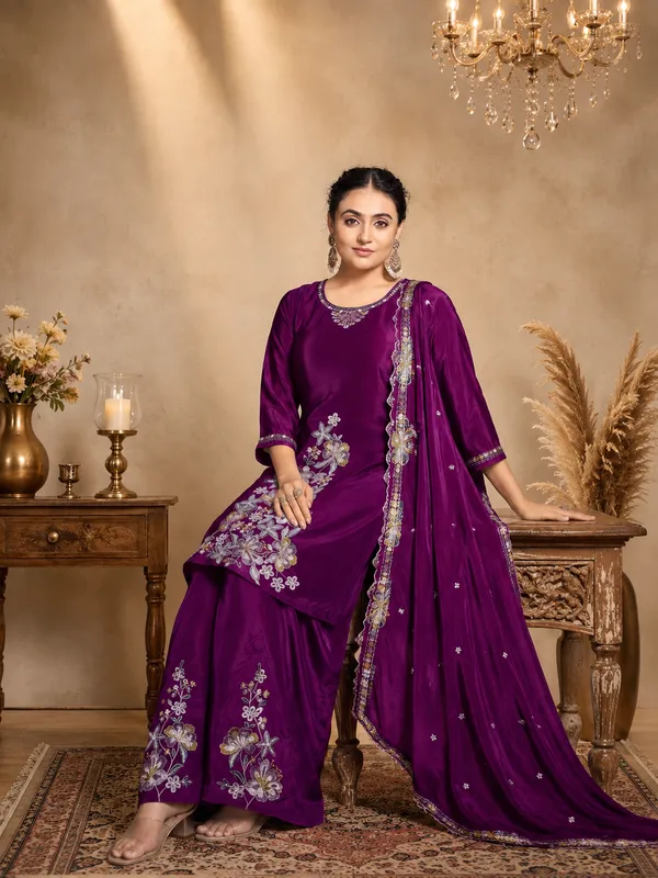 Deep_Purple_Pure_Natural_Crepe_Embroidered_Asymmetric_Kurta_Set_With_Palazzo_And_Scalloped_Dupatta
