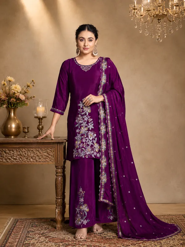 Deep_Purple_Pure_Natural_Crepe_Embroidered_Asymmetric_Kurta_Set_With_Palazzo_And_Scalloped_Dupatta