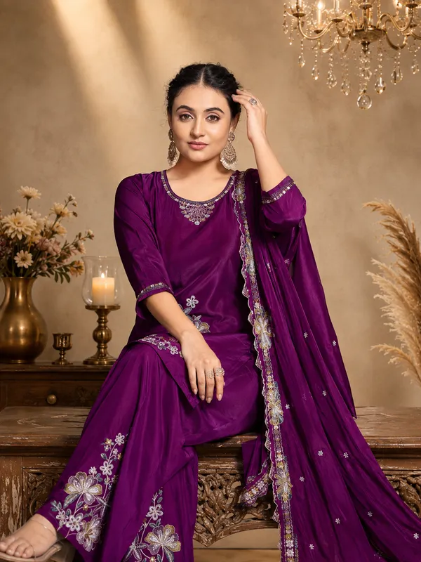 Deep_Purple_Pure_Natural_Crepe_Embroidered_Asymmetric_Kurta_Set_With_Palazzo_And_Scalloped_Dupatta