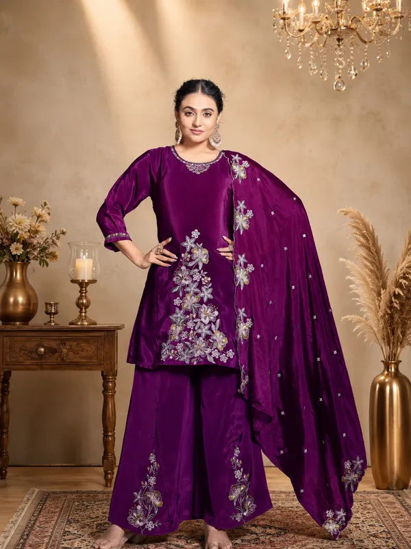 Deep_Purple_Pure_Natural_Crepe_Embroidered_Asymmetric_Kurta_Set_With_Palazzo_And_Scalloped_Dupatta