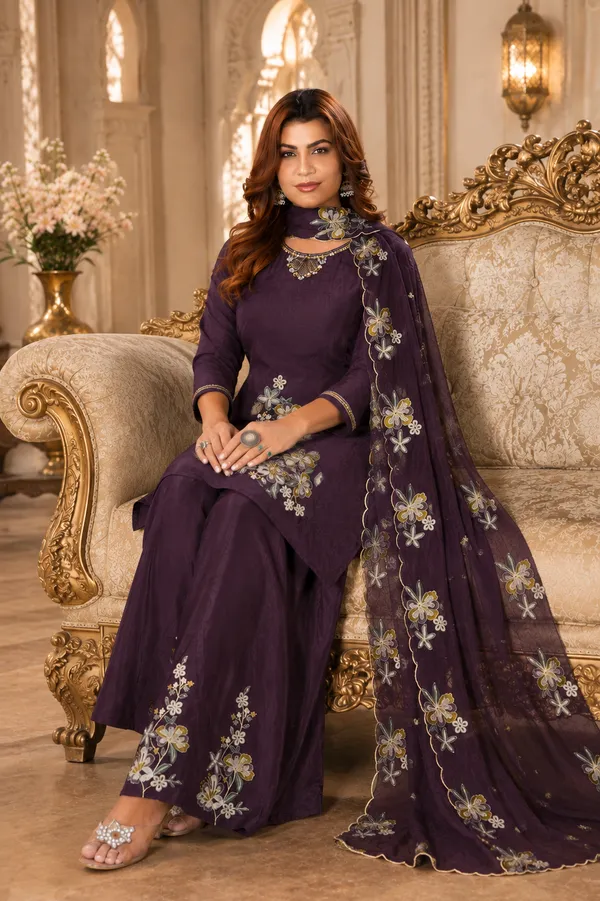 Deep_Wine_Pure_Natural_Crepe_Embroidered_Kurta_Set_With_Palazzo_And_Organza_Dupatta