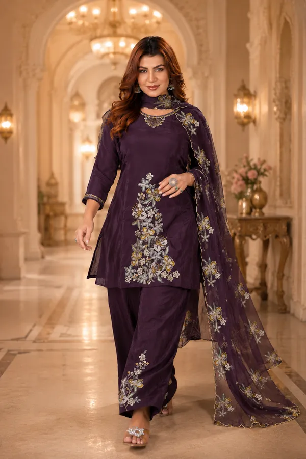Deep_Wine_Pure_Natural_Crepe_Embroidered_Kurta_Set_With_Palazzo_And_Organza_Dupatta