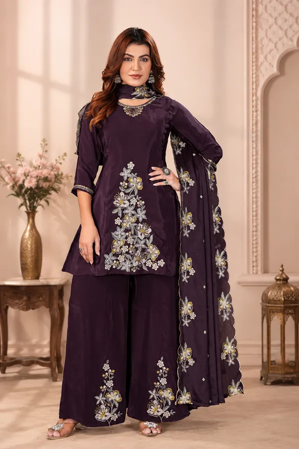 Deep_Wine_Pure_Natural_Crepe_Embroidered_Kurta_Set_With_Palazzo_And_Organza_Dupatta