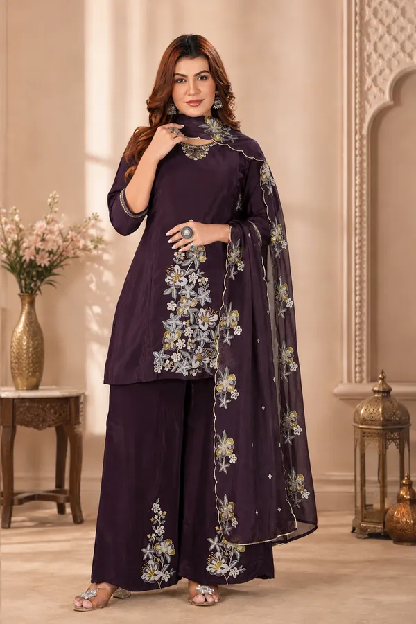 Deep_Wine_Pure_Natural_Crepe_Embroidered_Kurta_Set_With_Palazzo_And_Organza_Dupatta