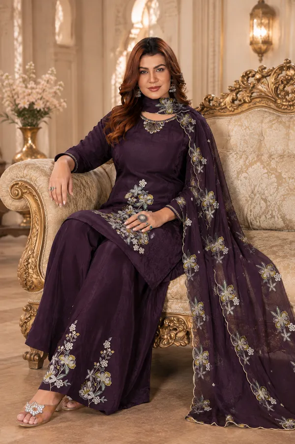 Deep_Wine_Pure_Natural_Crepe_Embroidered_Kurta_Set_With_Palazzo_And_Organza_Dupatta