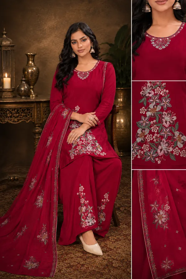 Cherry_Red_Pure_Natural_Crepe_Floral_Embroidered_Kurta_Set_With_Flared_Palazzos_And_Dupatta