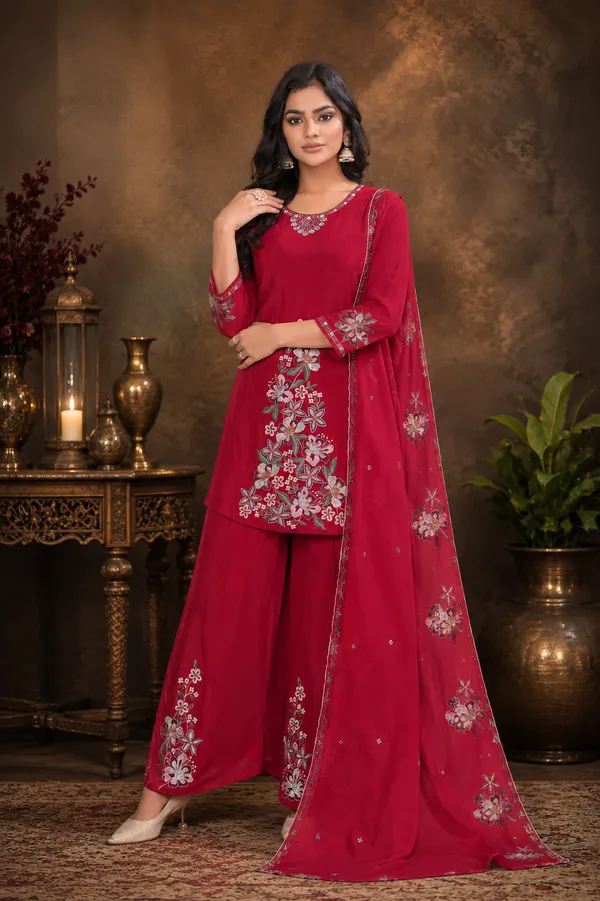 Cherry_Red_Pure_Natural_Crepe_Floral_Embroidered_Kurta_Set_With_Flared_Palazzos_And_Dupatta
