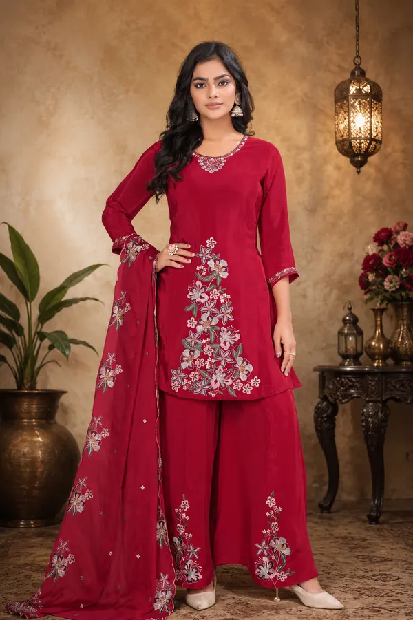 Cherry_Red_Pure_Natural_Crepe_Floral_Embroidered_Kurta_Set_With_Flared_Palazzos_And_Dupatta