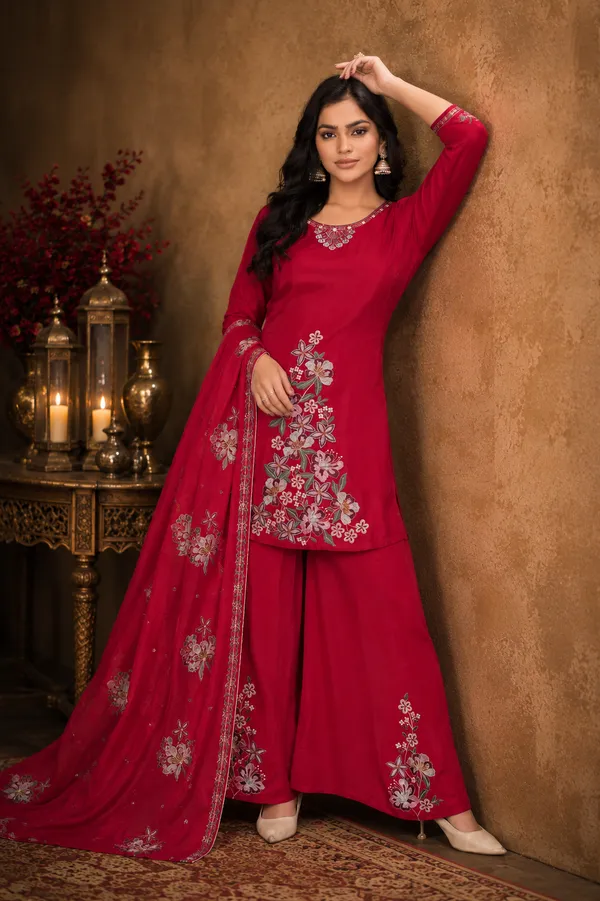 Cherry_Red_Pure_Natural_Crepe_Floral_Embroidered_Kurta_Set_With_Flared_Palazzos_And_Dupatta