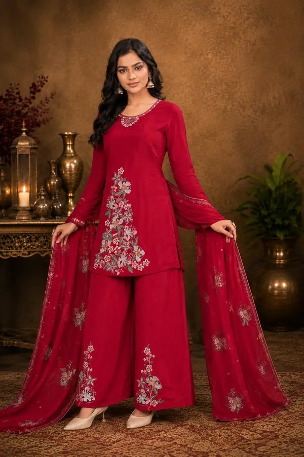 Cherry_Red_Pure_Natural_Crepe_Floral_Embroidered_Kurta_Set_With_Flared_Palazzos_And_Dupatta