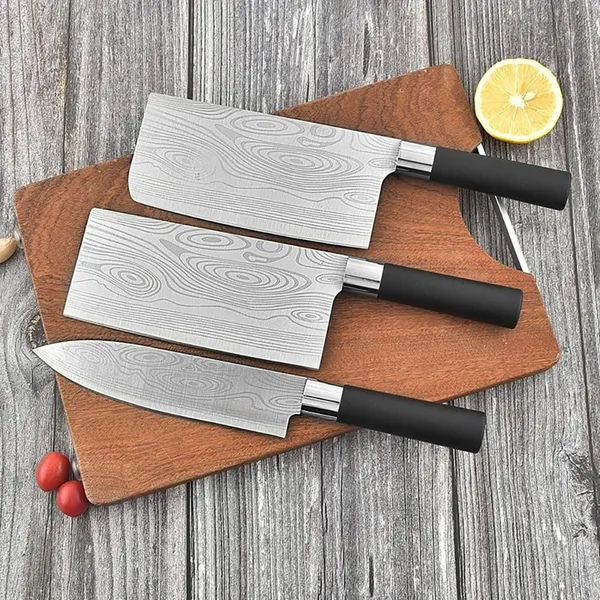 3_Piece_Kitchen_Chef_Tool_Set_with_Patterned_Stainless_Steel_Blades,_Cleaver_Style_Knife,_Utility_Cutter_&_Chef_Slicer,_Ergonomic_Handle_for_Vegetable,_Fruit_&_Meat_Preparation
