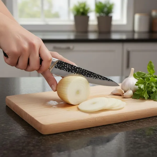 Premium_Chef_Knife_with_Hammered_Pattern_Blade,_Sharp_Kitchen_Cutting_Knife_with_Ergonomic_Black_Handle_for_Chopping,_Slicing,_Dicing_&_Everyday_Food_Preparation