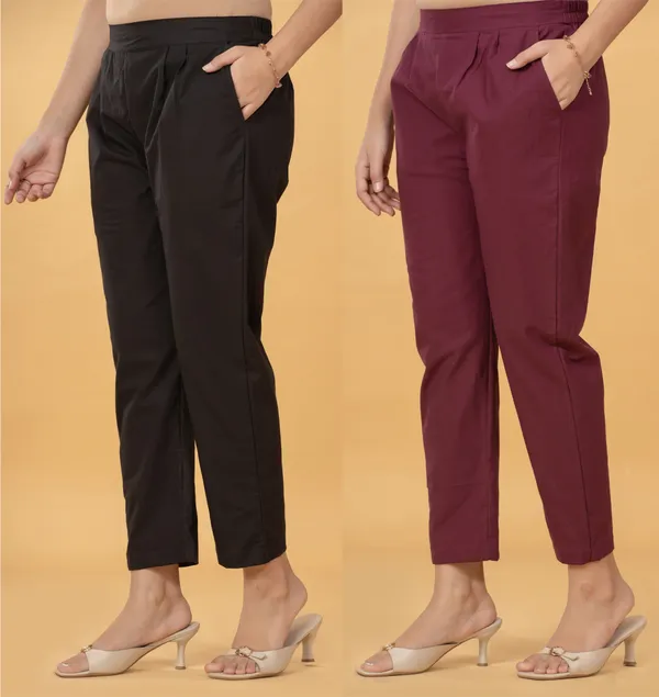 Black_And_Maroon_Cotton_Straight_Fit_Ankle_Length_Trousers_For_Women