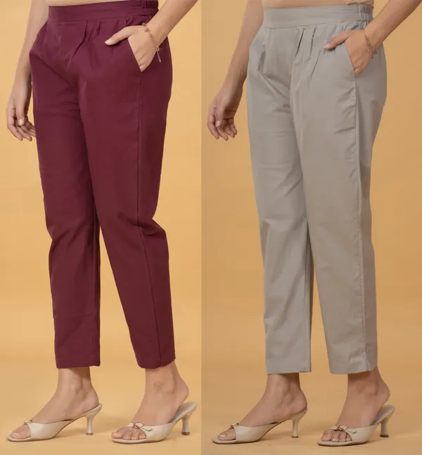 Maroon_And_Grey_Cotton_Straight_Fit_Trousers_For_Women