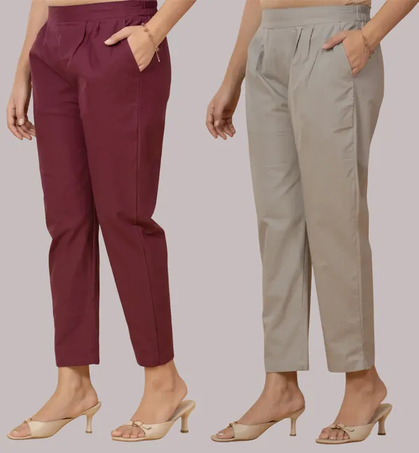 Maroon_And_Grey_Cotton_Straight_Fit_Trousers_For_Women